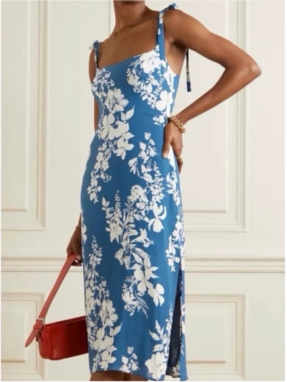 Reformation Blue & White Floral Tie-Shoulder Midi Dress